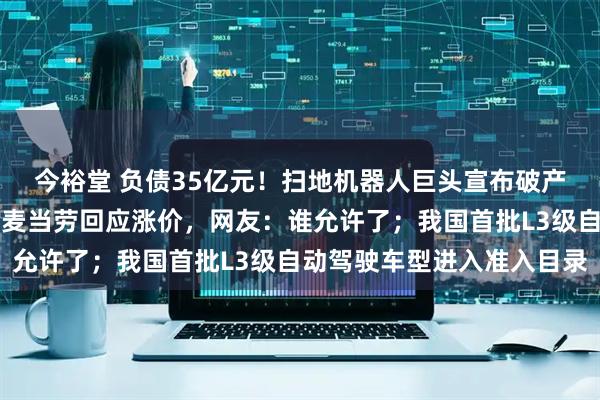 今裕堂 负债35亿元！扫地机器人巨头宣布破产，被中国代工厂收购；麦当劳回应涨价，网友：谁允许了；我国首批L3级自动驾驶车型进入准入目录